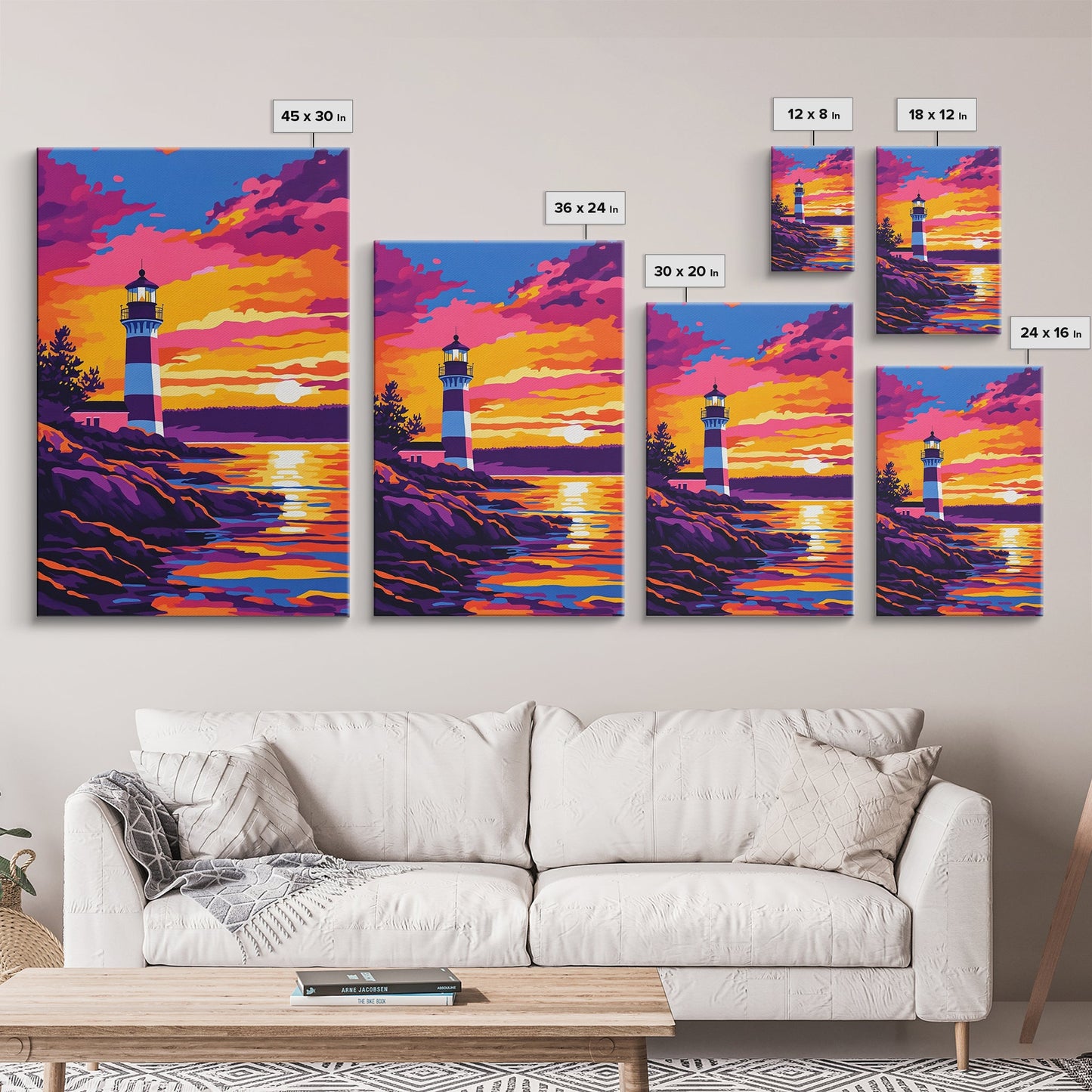 Leuchtturm, Sonnenuntergang, Küste, Meereslandschaft, gerahmter Leinwanddruck, nautische Dekoration, Wandbild fürs Strandhaus, lebendiges Ozeangemälde, Wohnzimmerkunst