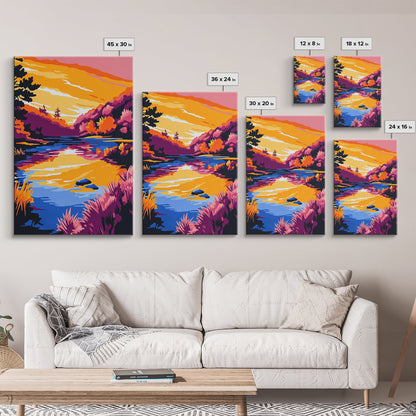 Tranquil Stream, Sunset Reflection, Framed Canvas Print, Cozy Wall Art, Nature Retreat Decor, Living Room Artwork, Serene Landscape