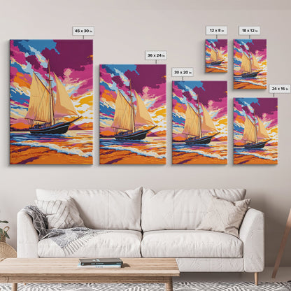 Sailing, Ocean Sunset, Nautical Art, Framed Canvas Print, Coastal Wall Art, Vibrant Seascape, Living Room Decor, Beach House Art