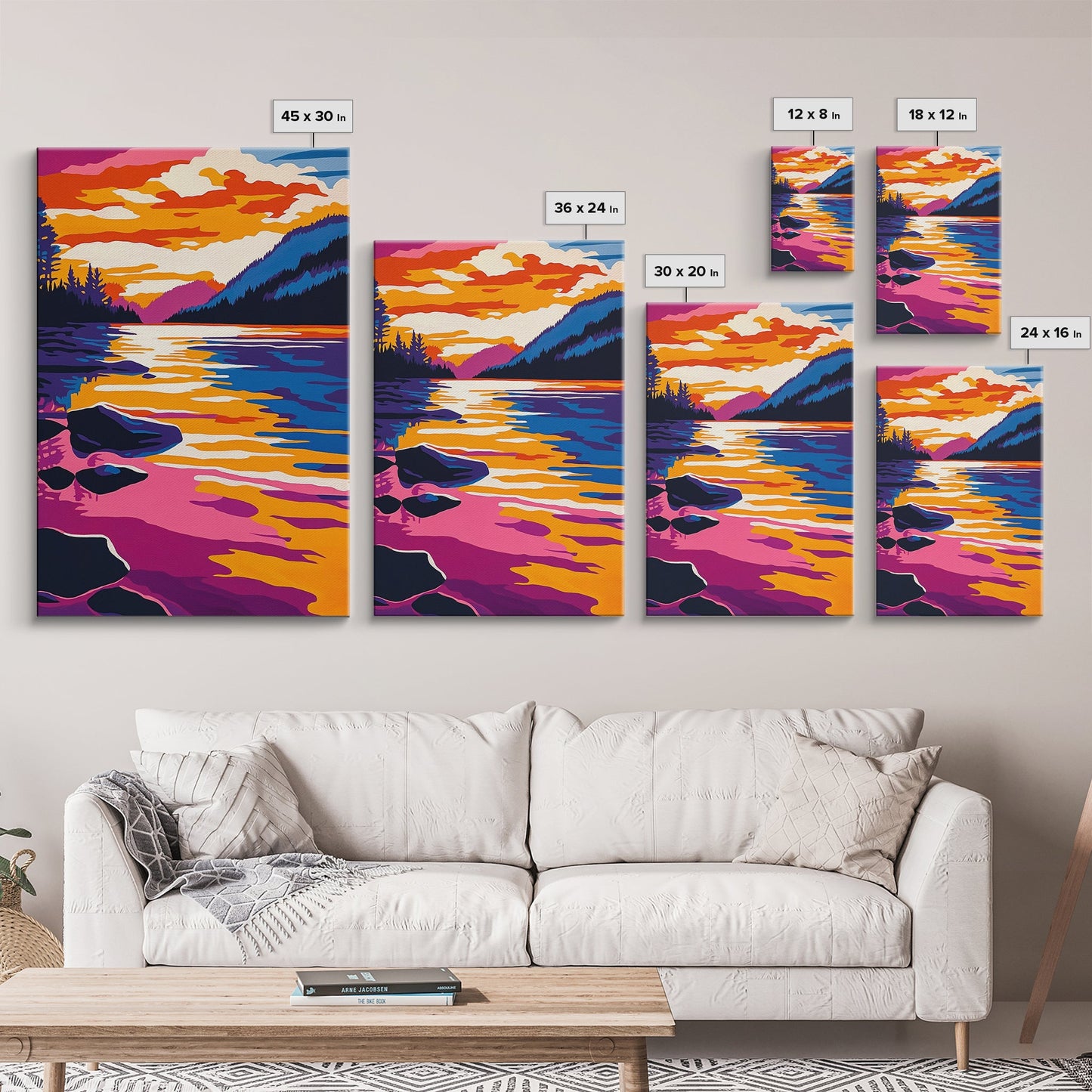 Lake, Reflective Sunset, Tranquil Nature, Canvas Print, Serene Landscape, Home Wall Art, Mountain View Decor, Living Room Artwork