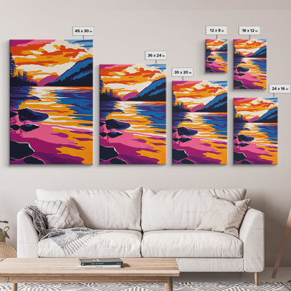 Lake, Reflective Sunset, Tranquil Nature, Canvas Print, Serene Landscape, Home Wall Art, Mountain View Decor, Living Room Artwork