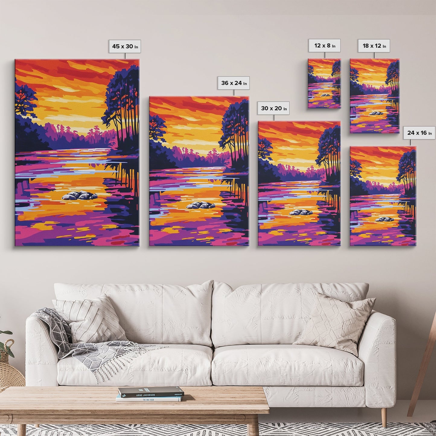 River Sunset, Nature Reflection, Forest Landscape, Peaceful Water, Framed Canvas Print, Boho Art, Rustic Wall Art, Bedroom Decor