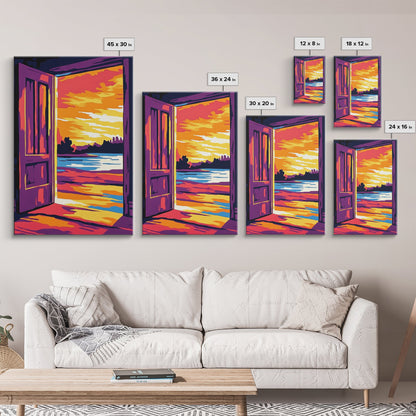 Offene Tür, Sonnenuntergangsmotiv, Gemälde mit warmem Licht, Einladende Wohndekoration, Inspirierende Wandkunst, Gemütliche Inneneinrichtung, Gerahmter Leinwanddruck