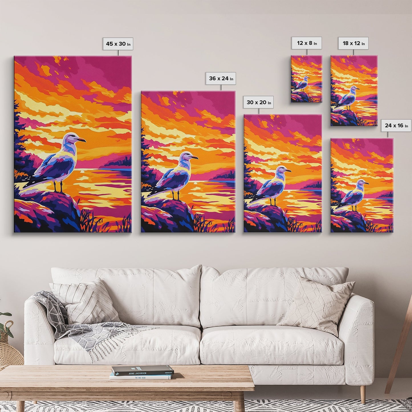 Seagull Sunset Art, Coastal Bird Painting, Ocean Landscape Print, Beach House Wall Decor, Framed Canvas Print, Nautical Bedroom Artwork