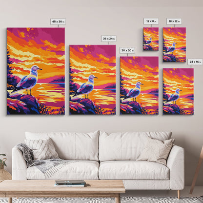 Seagull Sunset Art, Coastal Bird Painting, Ocean Landscape Print, Beach House Wall Decor, Framed Canvas Print, Nautical Bedroom Artwork