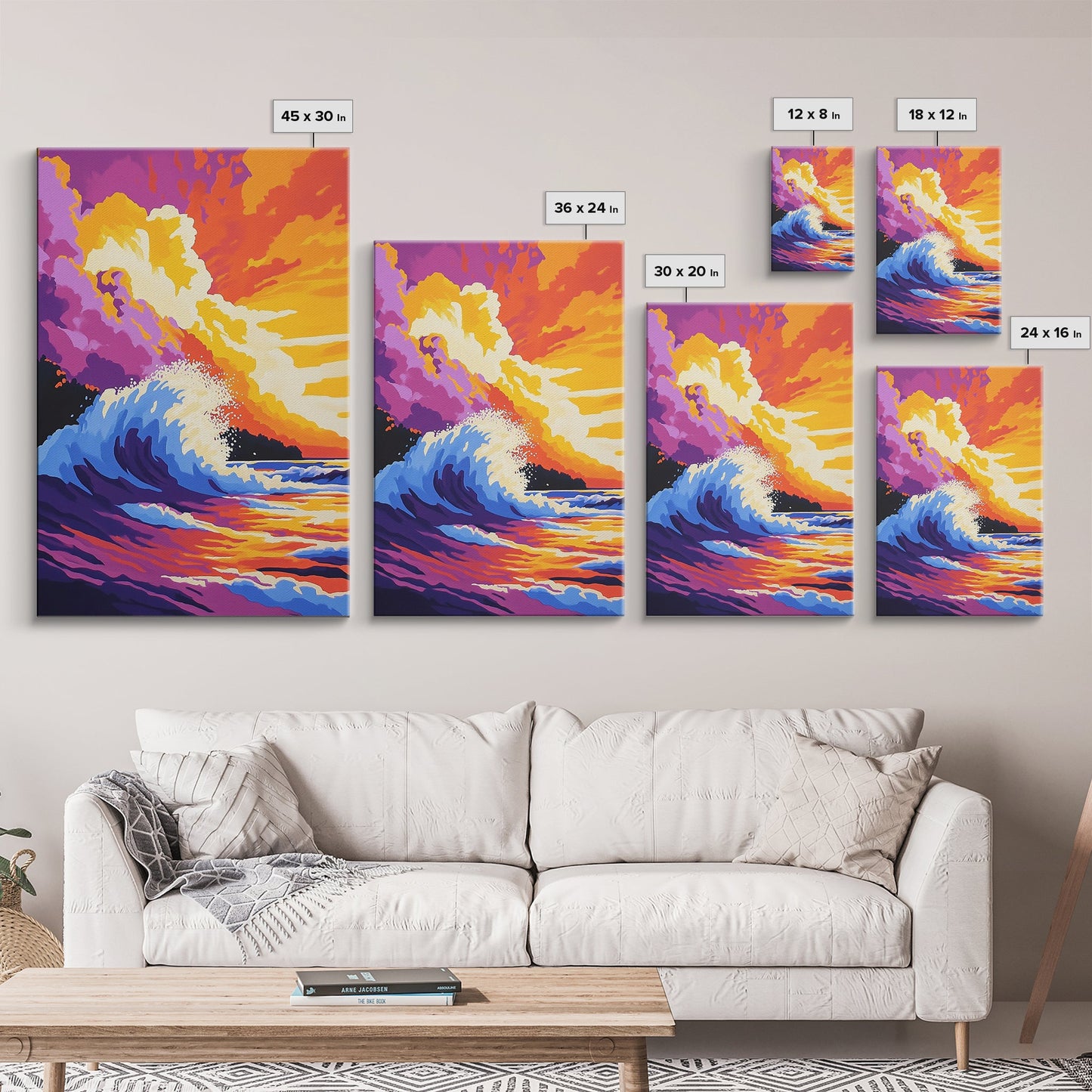 Powerful Ocean Wave, Surfing Wall Art, Vibrant Sunset Seascape, Coastal Home Decor, Framed Canvas Print, Beach House Living Room Art