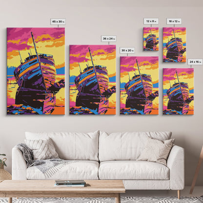 Shipwreck, Abandoned, Sunset, Canvas Print, Nautical Wall Art, Coastal Home Decor, Weathered Beauty, Beach House, Maritime Aesthetic