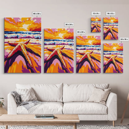Starfish Beach, Ocean Sunset, Coastal Decor, Framed Canvas Print, Nautical Wall Art, Beach House Decor, Vibrant Painting, Summer Vibes