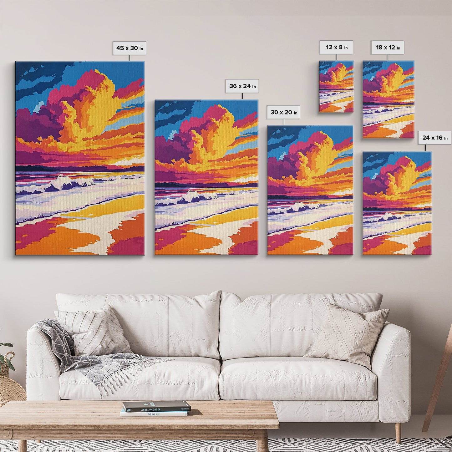 Beach Sunset, Vibrant Waves, Ocean Wall Art, Coastal Decor, Framed Canvas Print, Tropical Art, Living Room Art, Summer Aesthetic