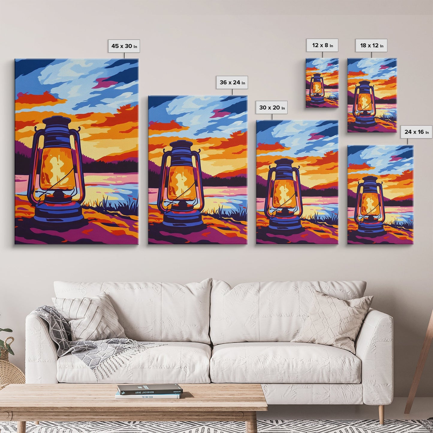 Lantern Glow, Rustic Camping Art, Warm Night Scene, Sunset Painting, Framed Canvas Print, Cabin Wall Art, Nature Decor, Outdoor Aesthetic