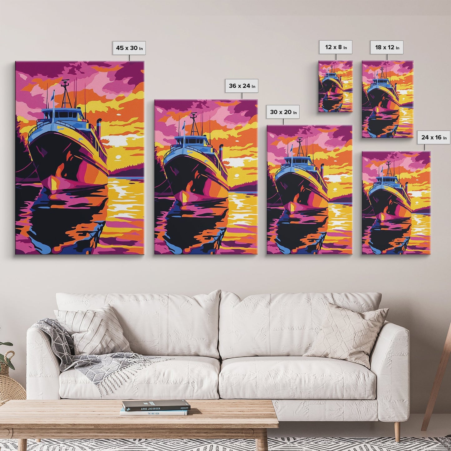 Sunset Boat Art, Nautical Wall Art, Ocean Sunset Painting, Coastal Decor, Vibrant Boat Scene, Framed Canvas Print, Living Room Art