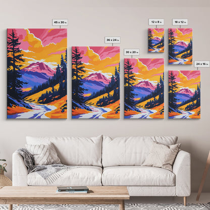 Mountain View Art, Nature Painting, Colorful Scenic Decor, Alpine Sunset, Wilderness Print, Framed Canvas Print, Office Wall Art