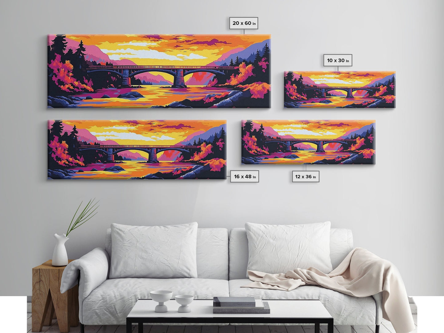 Stone Bridge, River Sunset, Autumn Art, Nature Scene, Living Room Wall Art, Colorful Home Decor, Canvas Print, Modern Landscape