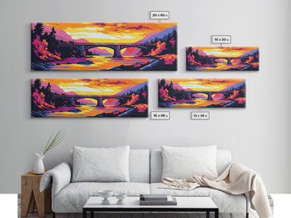 Stone Bridge, River Sunset, Autumn Art, Nature Scene, Living Room Wall Art, Colorful Home Decor, Canvas Print, Modern Landscape