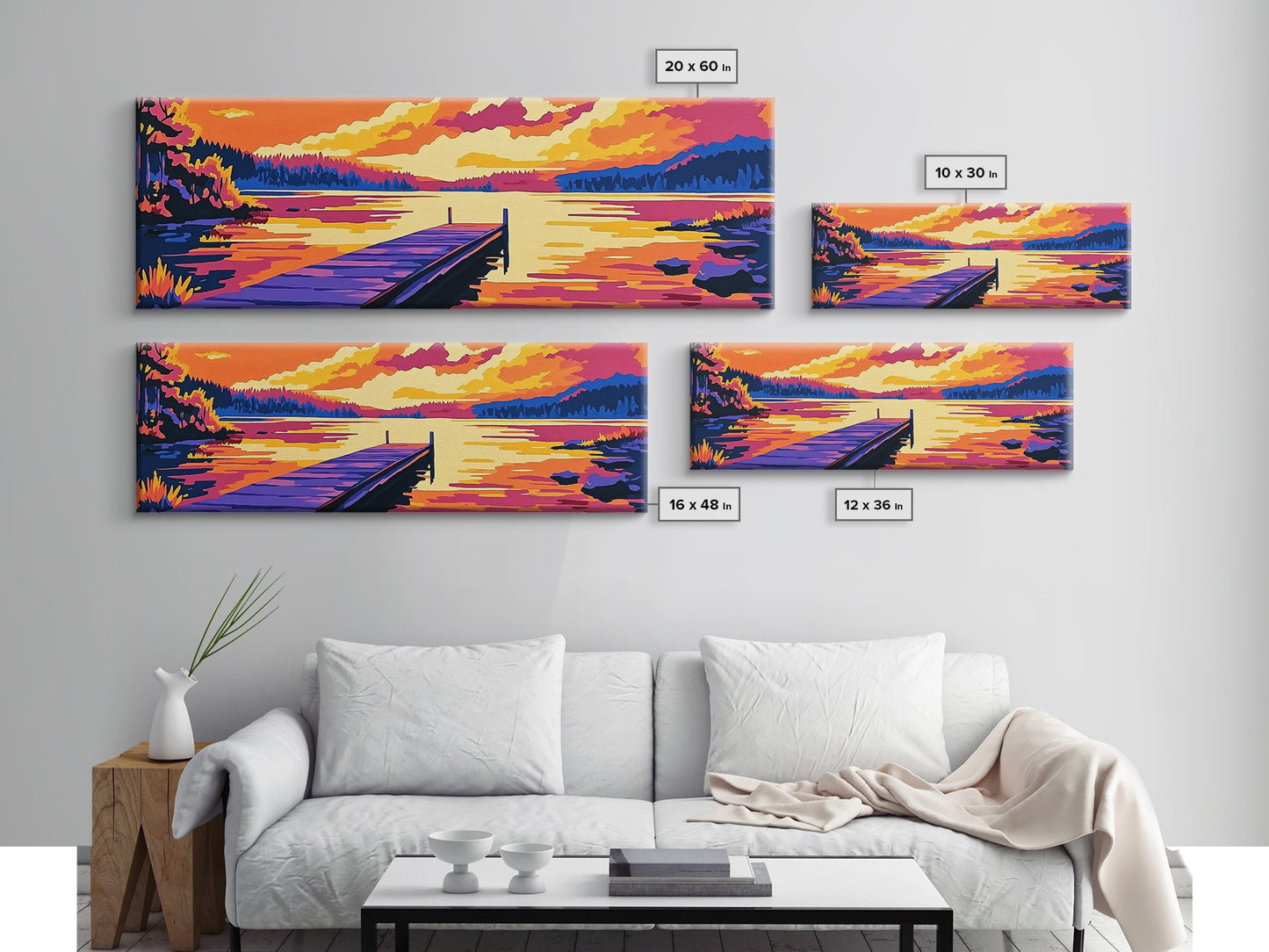 Sunset Lake, vibrant landscape, nature wall art, modern decor, colorful painting, Living Room Wall Art, Canvas Print, Framed Canvas Print