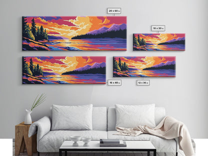 River Sunset, pine forest, mountain landscape, nature decor, cabin retreat, Fall Wall Art, Canvas Print, Framed Canvas Print