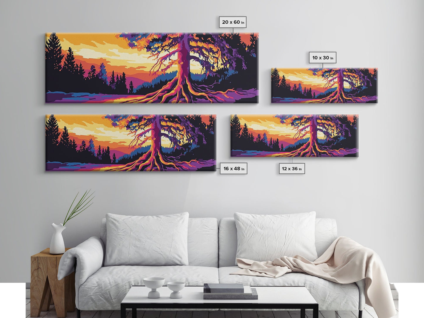 Lebendiger Baum, Sonnenuntergangsmotiv, gerahmter Leinwanddruck, Natur-Wanddeko, psychedelische Kunst, Boho-Landschaft, großes Wandbild, Bürodekoration