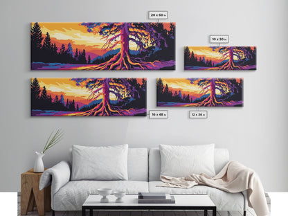 Lebendiger Baum, Sonnenuntergangsmotiv, gerahmter Leinwanddruck, Natur-Wanddeko, psychedelische Kunst, Boho-Landschaft, großes Wandbild, Bürodekoration