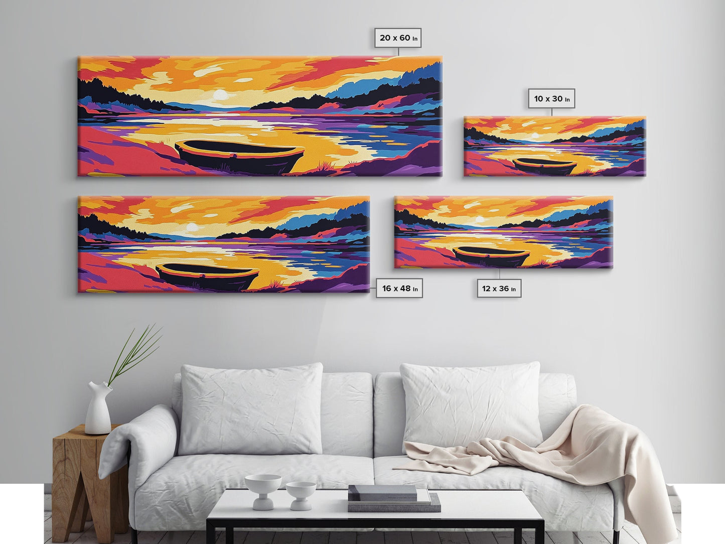 Sunset Boat, Serene Lake, Framed Canvas Print, Tranquil Water Art, Calm Landscape, Warm Color Palette, Boho Home Decor, Bedroom Wall Art