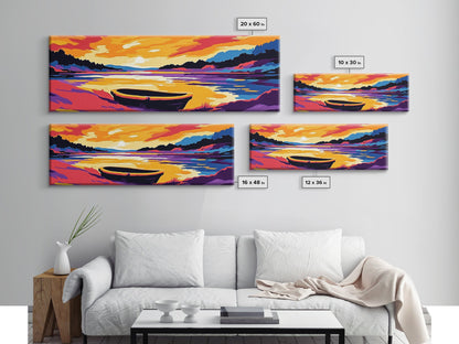 Sunset Boat, Serene Lake, Framed Canvas Print, Tranquil Water Art, Calm Landscape, Warm Color Palette, Boho Home Decor, Bedroom Wall Art