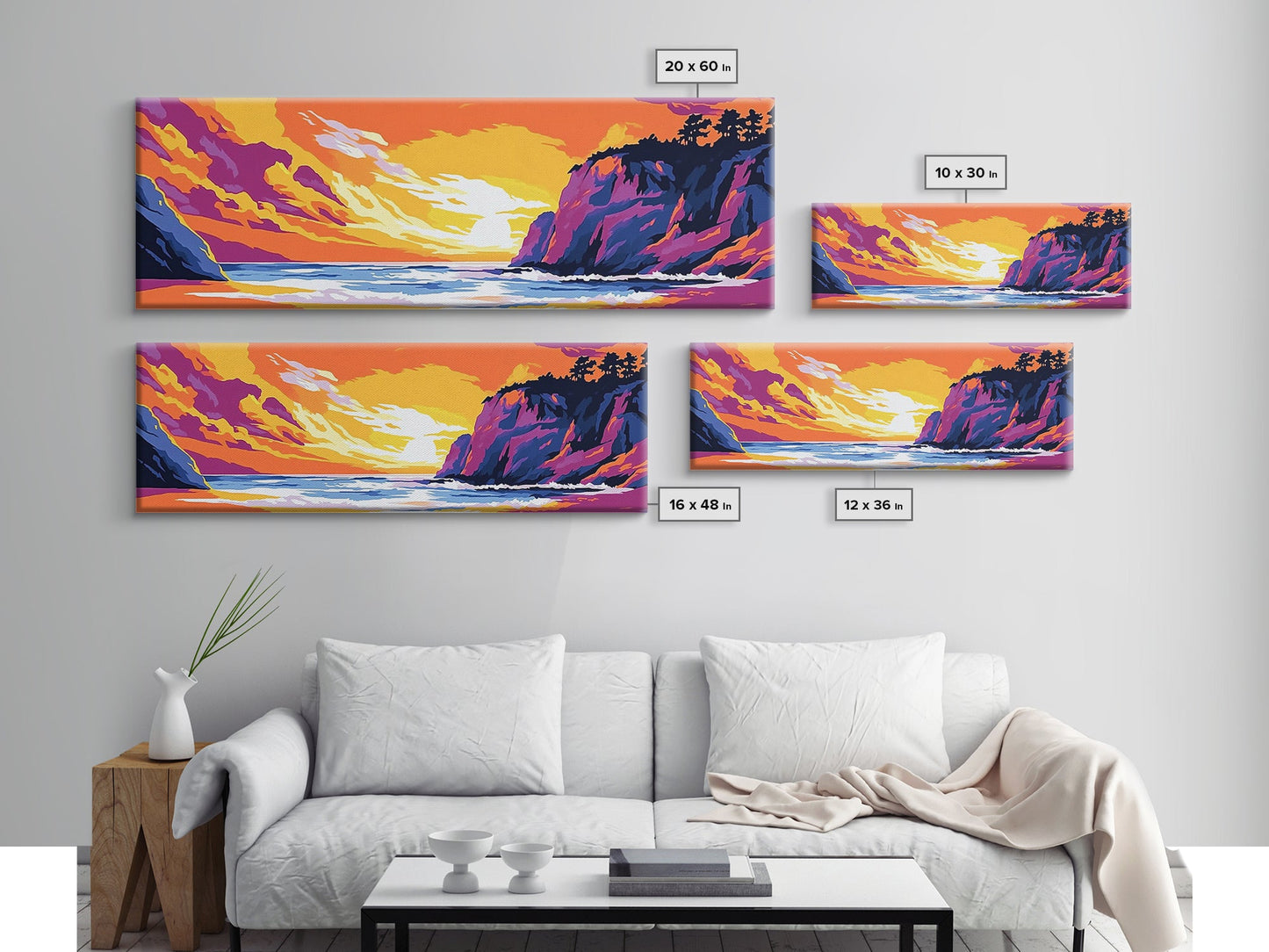 Cliffside Beach, Ocean Waves, Sunset Paradise, Framed Canvas Print, Coastal Landscape Art, Relaxing Home Decor, Vibrant Summer Vibes