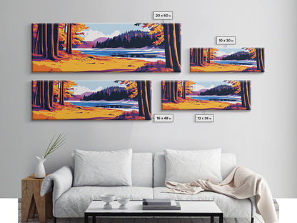 Autumn Forest, Lake View, Rustic Cabin Decor, Nature Lover Print, Fall Season Art, Framed Canvas Print, Cozy Living Room Wall Art