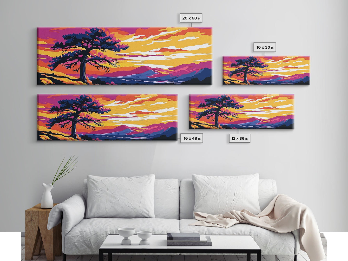 Lone Tree Art, Sonnenuntergangslandschaft, Naturwanddeko, Bergblick, Rustikale Wohnkunst, Südwest-Ästhetik, Großes Wandbild, Leinwanddruck