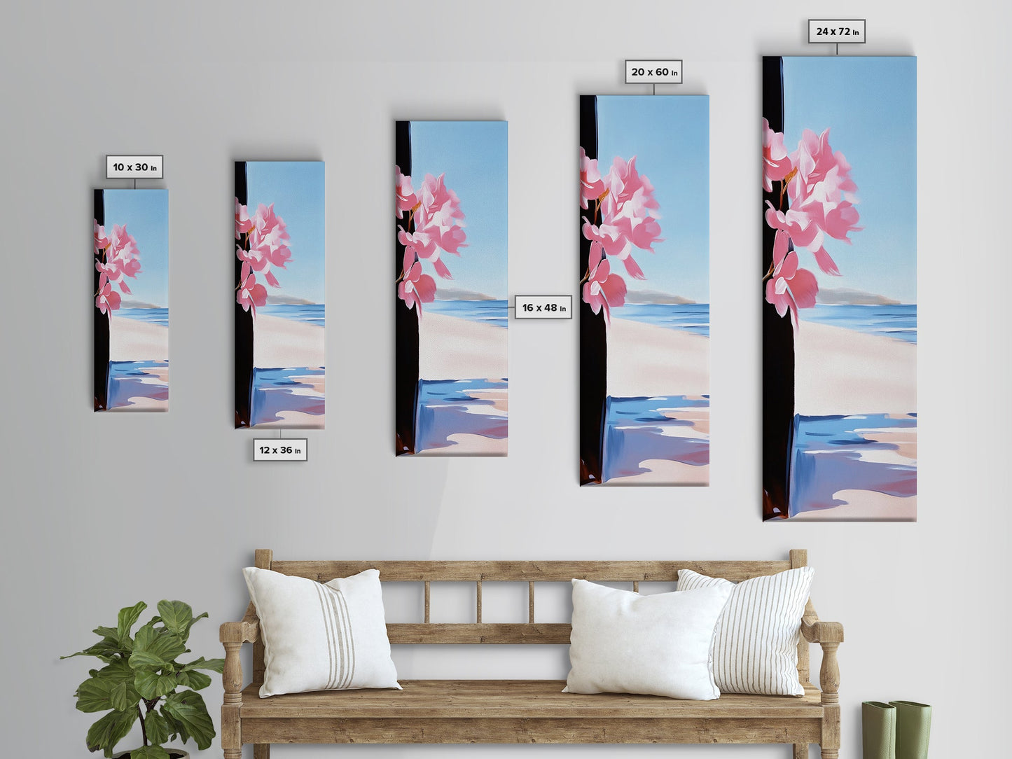 Blossom Beach, Floral Coastal Art, Pink and Blue Decor, Modern Seascape, Romantic Spring Aesthetic, Dreamy Nature Scene, Canvas Print