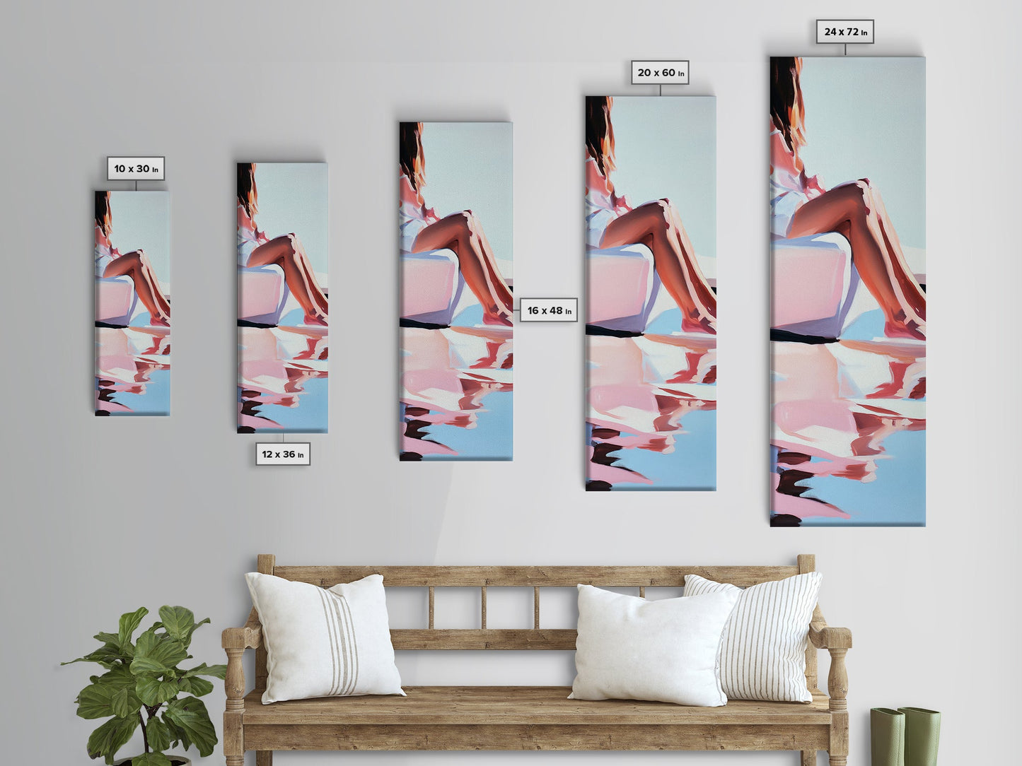 Sonniger Pool, elegante Frauenkunst, minimalistische feminine Dekoration, Sommergemälde, warme und ruhige Ästhetik, gerahmter Leinwanddruck