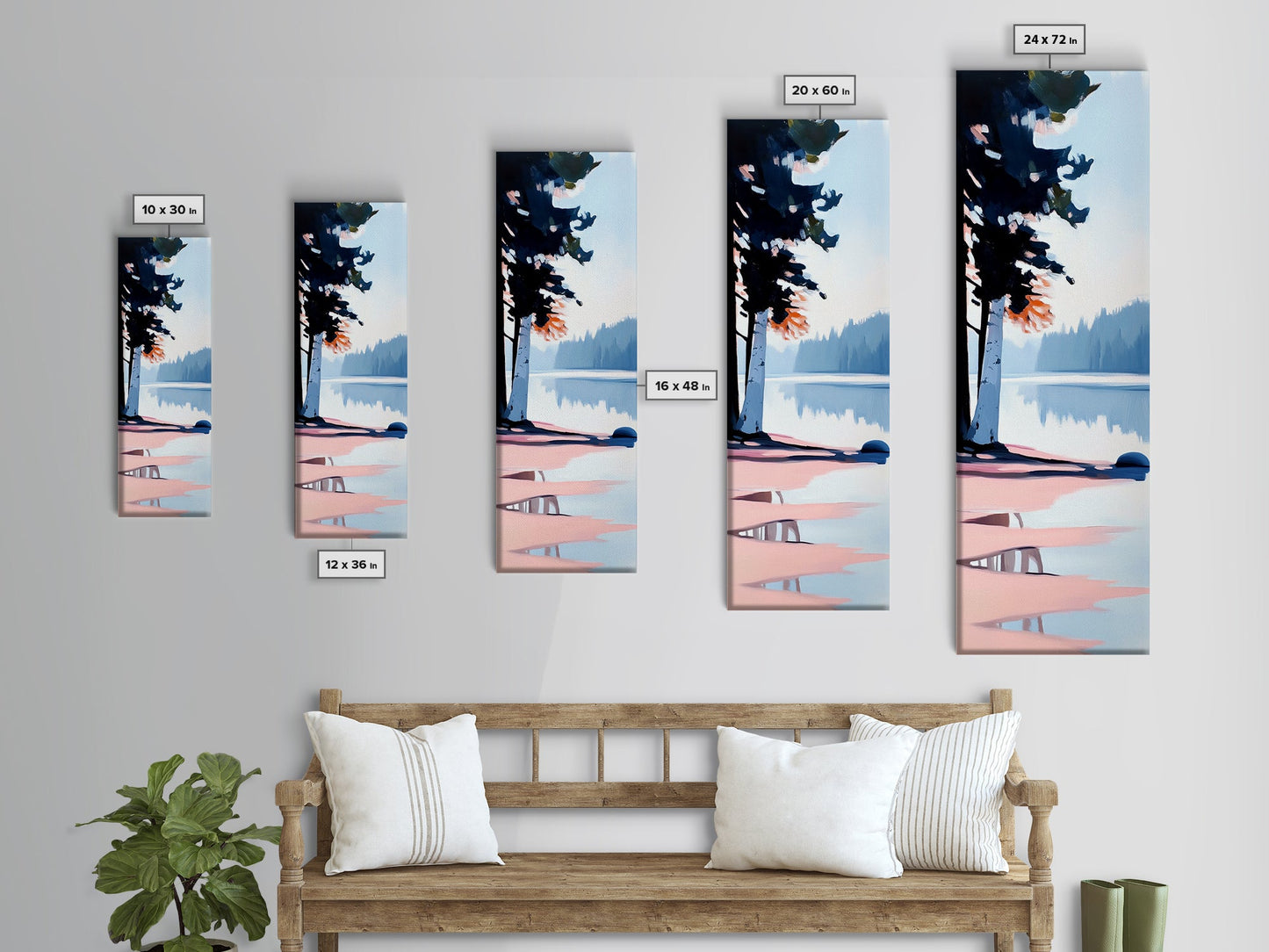 Misty Forest View, Tranquil Lake Painting, Atmospheric Nature Art, Minimalist Tree Reflection, Cozy Cabin Decor, Framed Canvas Print