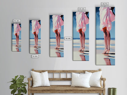 Barefoot Beach Walk, Pink Dress, Coastal Elegance, Framed Canvas Print, Summer Art, Bedroom or Entryway Decor, Relaxing Aesthetic