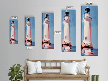Lighthouse, Pink Sky, Nautical, Coastal Wall Art, Beach Home Decor, Ocean Painting, Modern Seascape, Framed Canvas Print