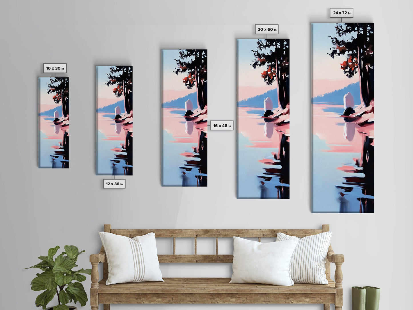 Seeufer-Ruhe, Stimmungsvolle Natur, Gerahmter Leinwanddruck, Moderne Wandkunst, Blau-Rosa-Gemälde, Wohnzimmer-Wandkunst