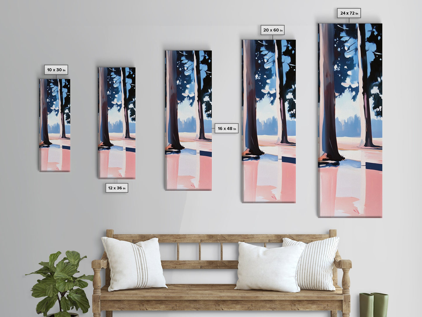 Kiefern, Waldspiegelungen, Ruhige Naturszene, Gerahmter Leinwanddruck, Minimalistische Landschaft, Wandbild mit Waldmotiv, Naturdekoration