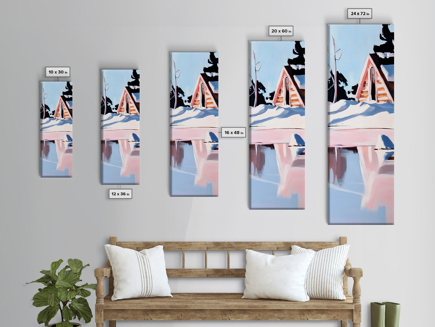 Winterhütte, verschneite Spiegelungen, gerahmter Leinwanddruck, gemütliches rustikales Wandbild, nordische Ästhetik, minimalistische Landschaft, Schlafzimmerdekoration