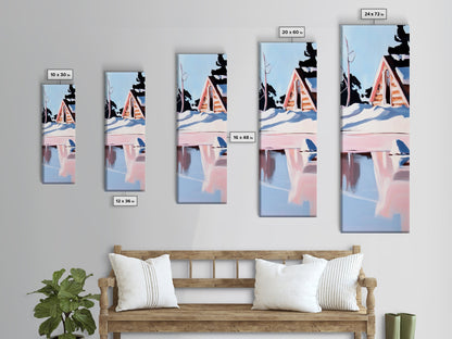 Winterhütte, verschneite Spiegelungen, gerahmter Leinwanddruck, gemütliches rustikales Wandbild, nordische Ästhetik, minimalistische Landschaft, Schlafzimmerdekoration