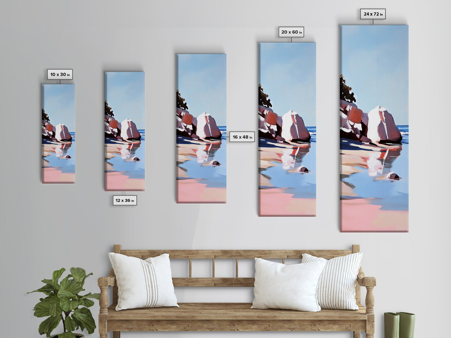 Zen-Reflexionen, vom Wasser inspirierte Kunst, minimalistische Strandszene, ruhiges Naturgemälde, entspannende Dekoration, moderner gerahmter Leinwanddruck