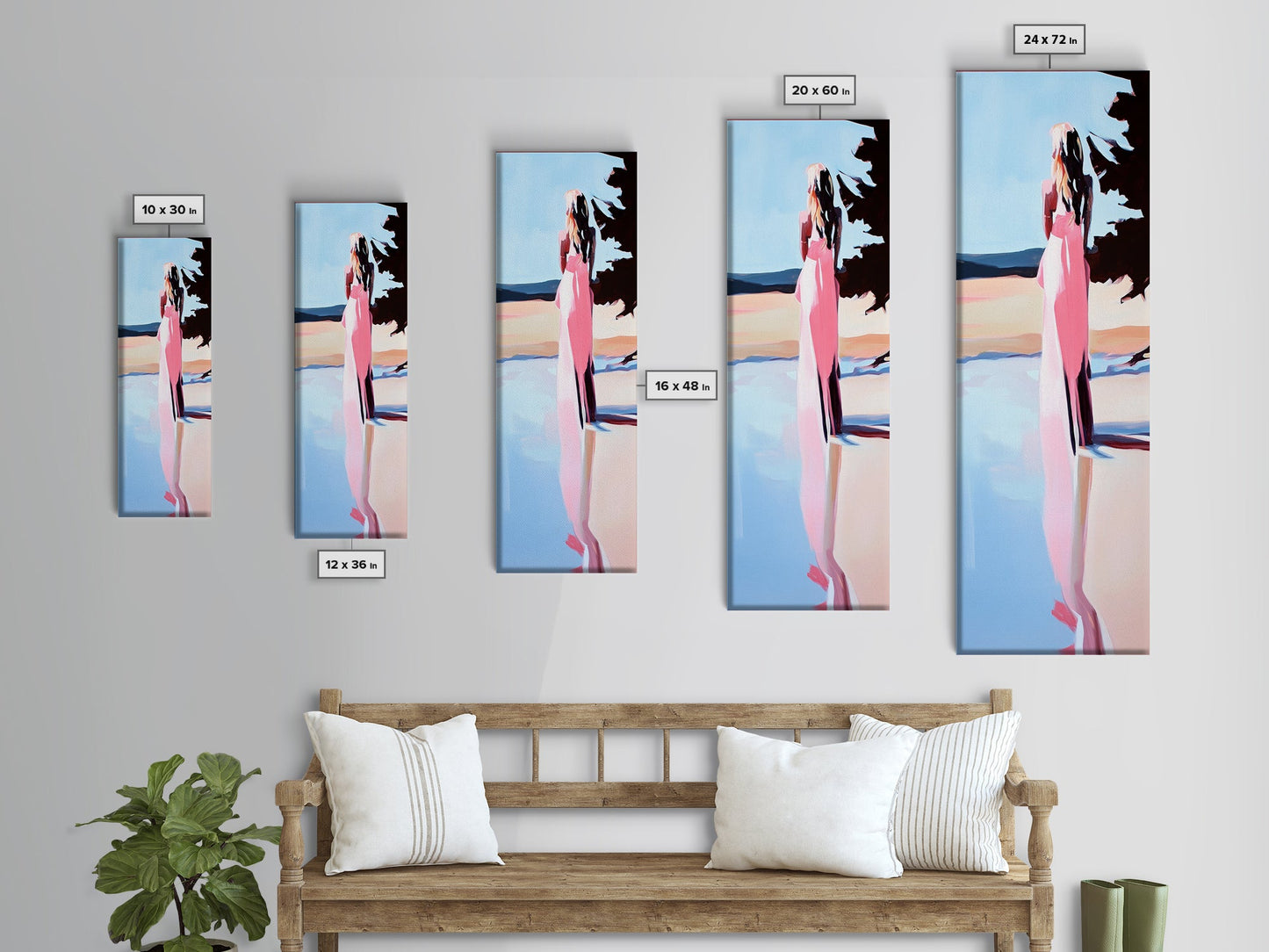 Ruhige Frau, Naturspiegelung, Zarte Pastellfarben, Friedliche Landschaft, Gerahmter Leinwanddruck, Minimalistische Kunst, Friedliche Wohndekoration