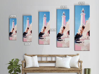 Lighthouse Art, Coastal Wall Decor, Nautical Painting, Ocean Wall Art, Minimalist Seascape, Blue Sky Print, Framed Canvas Print