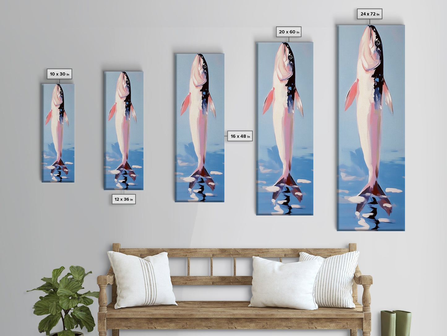 Fish, Water, Minimalist Art, Ocean, Coastal Decor, Marine Life, Blue, White, Kitchen Wall Art, Framed Canvas Print