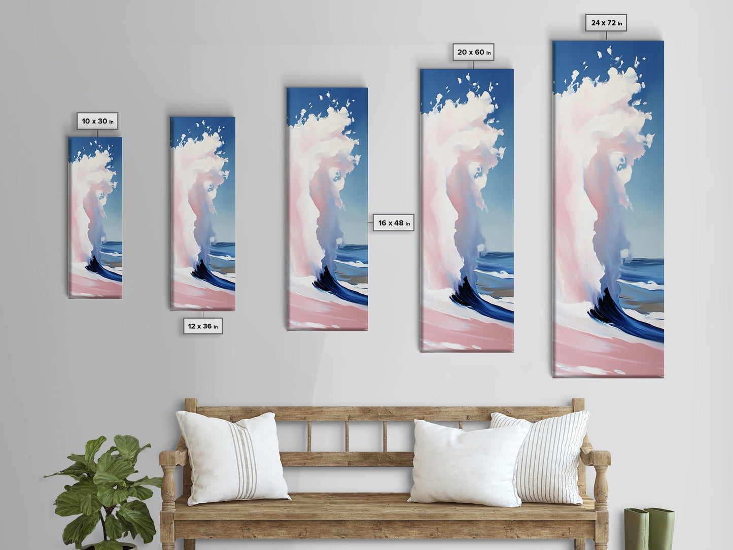 Ocean Wave, Coastal Wall Art, Abstract Seascape Painting, Beach House Decor, Modern Blue and Pink Print, Canvas Print, Living Room Wall Art