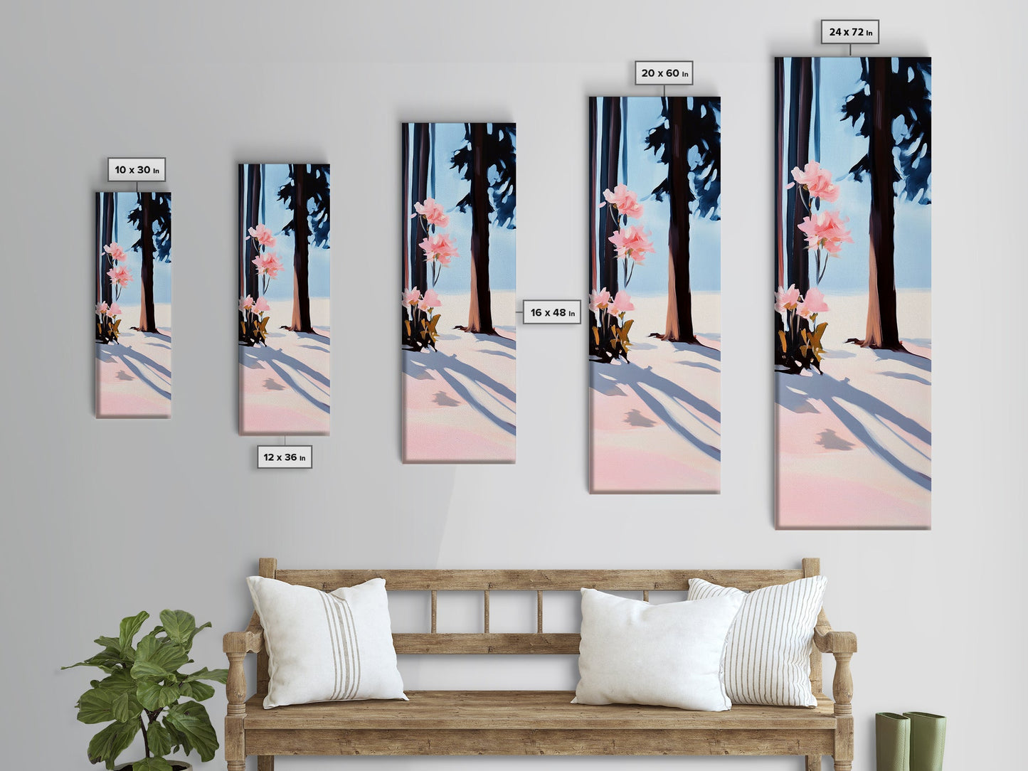 Floral Winter, Botanical Wall Art, Pink Flower Snow Scene, Nature-Inspired Artwork, Minimalist Forest Painting, Canvas Print, Office Wall Art