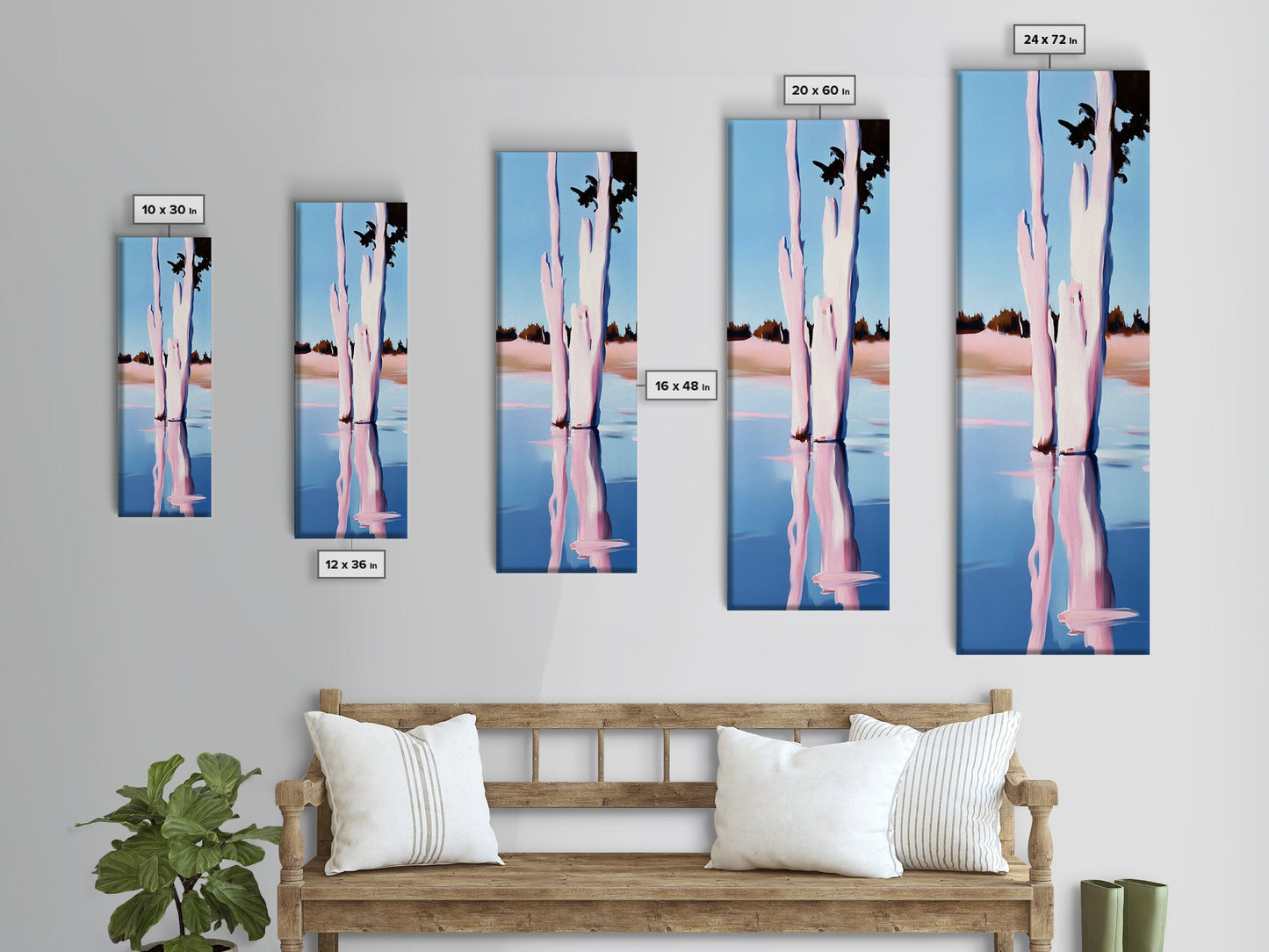 Pink Trees, Lake Reflection, Minimalist Nature, Calm Water Scene, Soft Pastel Wall Art, Tranquil Framed Canvas Print, Zen Home Decor
