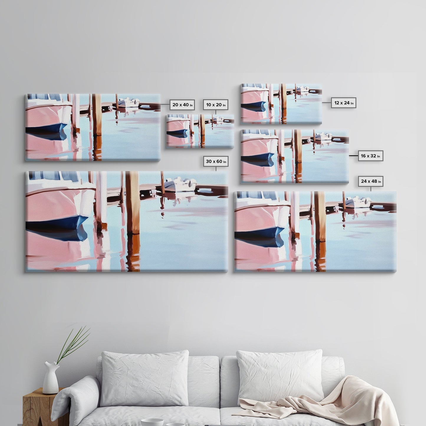 Docked Boats, Waterfront Scene, Canvas Print, Nautical Home Decor, Living Room Wall Art, Soft Pastel Aesthetic, Minimalist Seaside