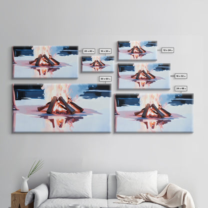 Gemütliches Lagerfeuer, Feuerspiegelung, Lagerfeuerglühen, Herbstnacht, gerahmter Leinwanddruck, Wandbild für die Hütte, rustikale Dekoration, warme Atmosphäre, Herbstkunst