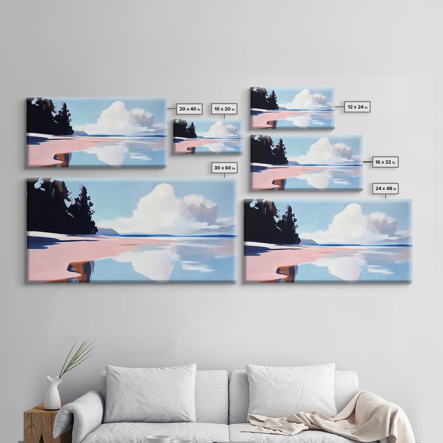 Bewölkte Meereslandschaft mit Spiegelung, ruhiger Küstendruck, minimalistische Meeresdekoration, sanfte Pastelllandschaft, Zen-Kunst für Zuhause, gerahmter Leinwanddruck fürs Schlafzimmer