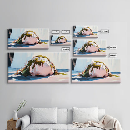 Moosbewachsener Felsen am Strand, Naturkunst am Meer, Erdiger Meeresdruck, Ruhige Zen-Dekoration, Organische minimalistische Ästhetik, Leinwanddruck fürs Wohnzimmer