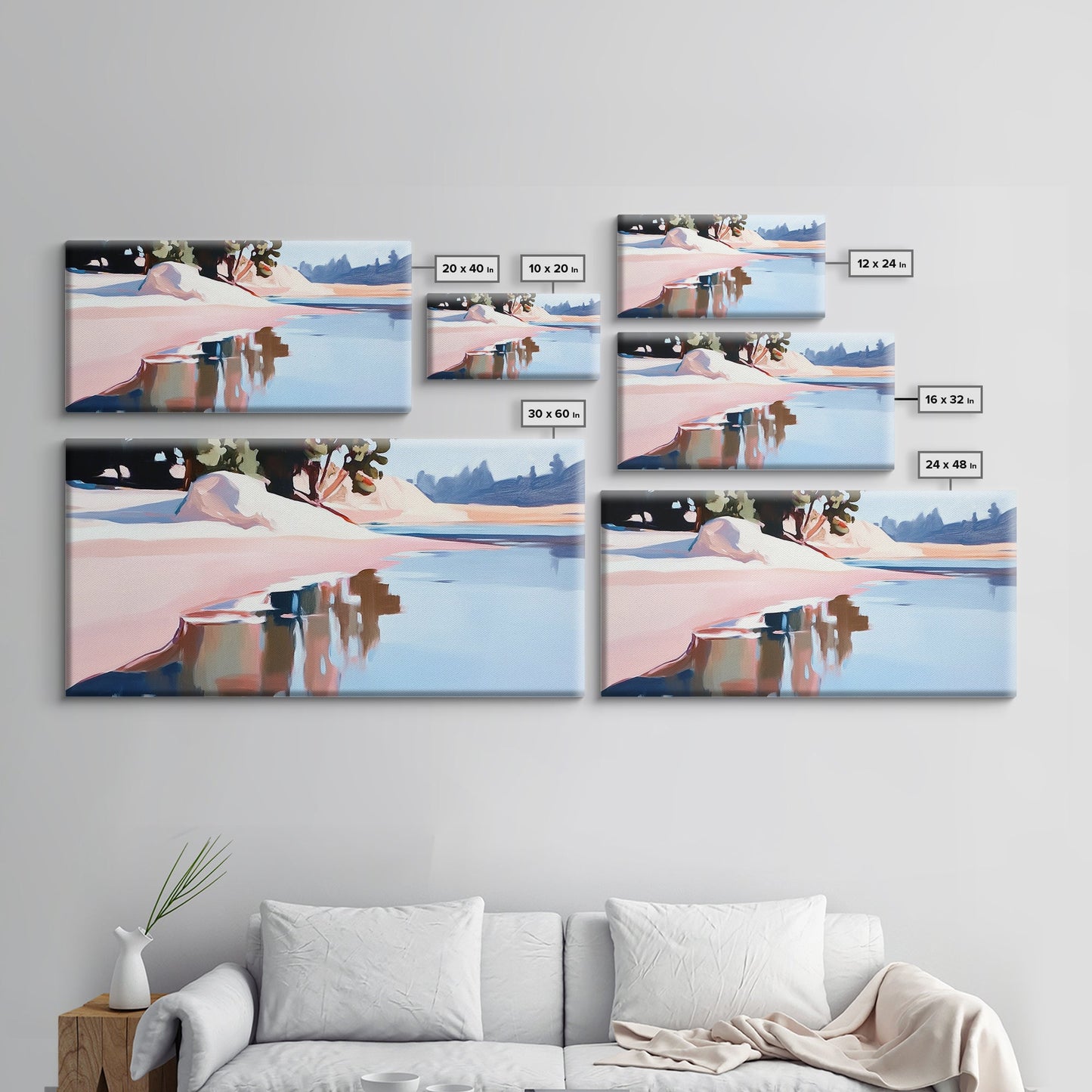 Küstenbaum, Dachüberstand, Leinwanddruck, vom Meer inspirierte Dekoration, moderne Strandwandkunst, pastellfarbene Meereslandschaft, ruhige Szenerie, tropisches Flair