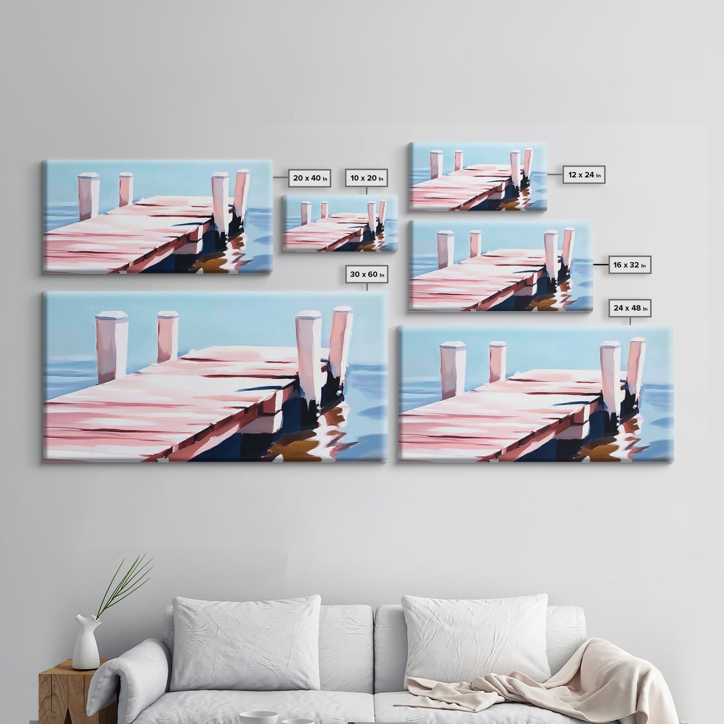 Steg am Wasser, minimalistische Meereslandschaft, Küstendeko, nautische Wandkunst, modernes Strandhaus, Sommerfeeling, blaue Wandkunst, gerahmter Leinwanddruck