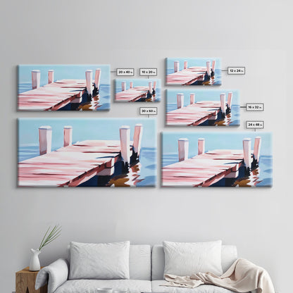 Steg am Wasser, minimalistische Meereslandschaft, Küstendeko, nautische Wandkunst, modernes Strandhaus, Sommerfeeling, blaue Wandkunst, gerahmter Leinwanddruck